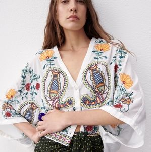 Zara Embroidered Crop Top Size Large White Multicolor Embroidery Boho